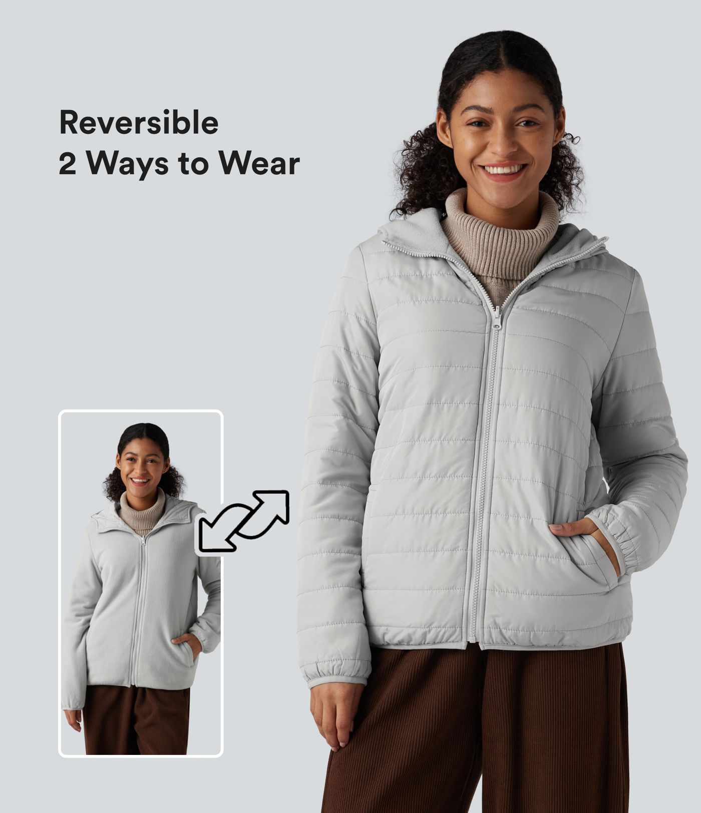 Reversible Hooded Zipper Long Sleeve Fleece Casual Padded Jacket with Pockets (Two Looks in One)