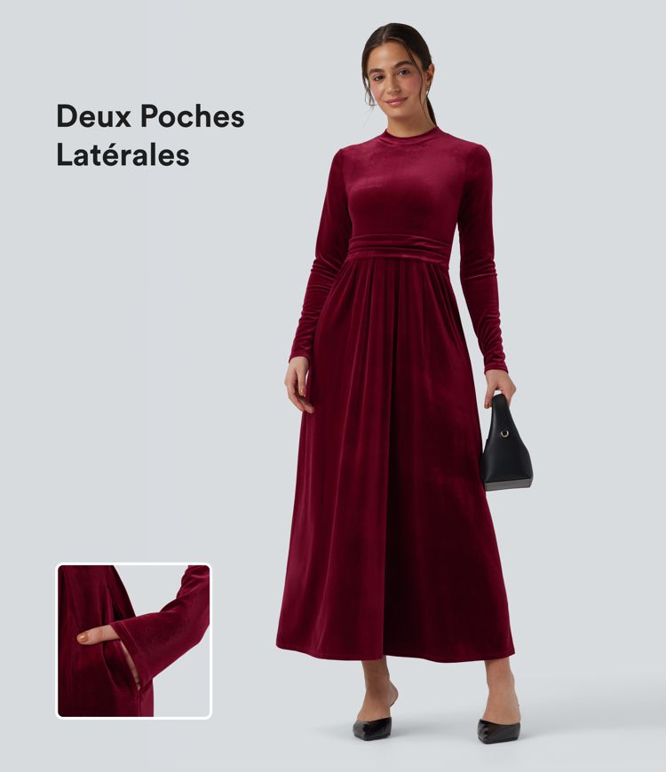 Robe longue en velours col montant manches longues avec poches