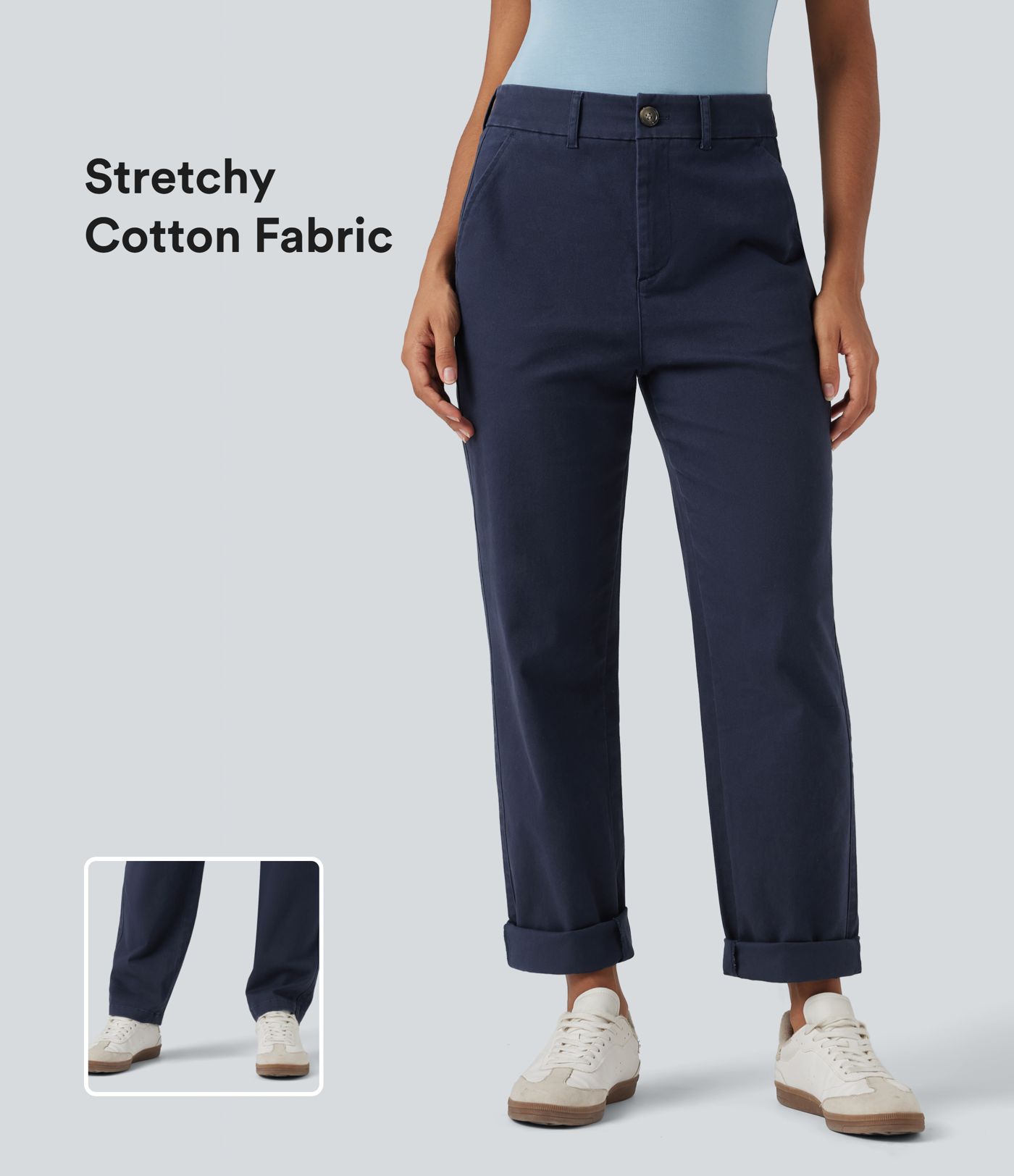 Mid Rise Tapered Casual Chino Cotton Pants with Pockets