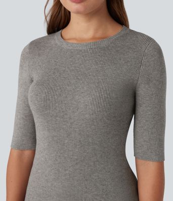 Ribbed Knit Round Neck Half Sleeve Work Sweater