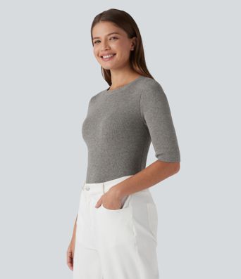 Ribbed Knit Round Neck Half Sleeve Work Sweater