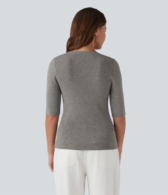Ribbed Knit Round Neck Half Sleeve Work Sweater