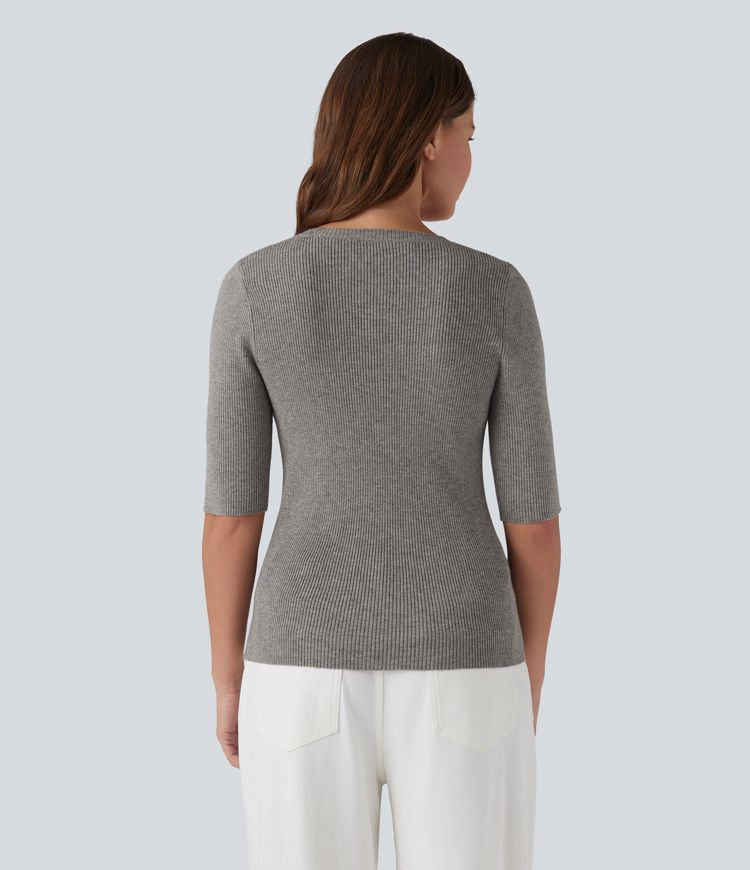 Ribbed Knit Round Neck Half Sleeve Work Sweater