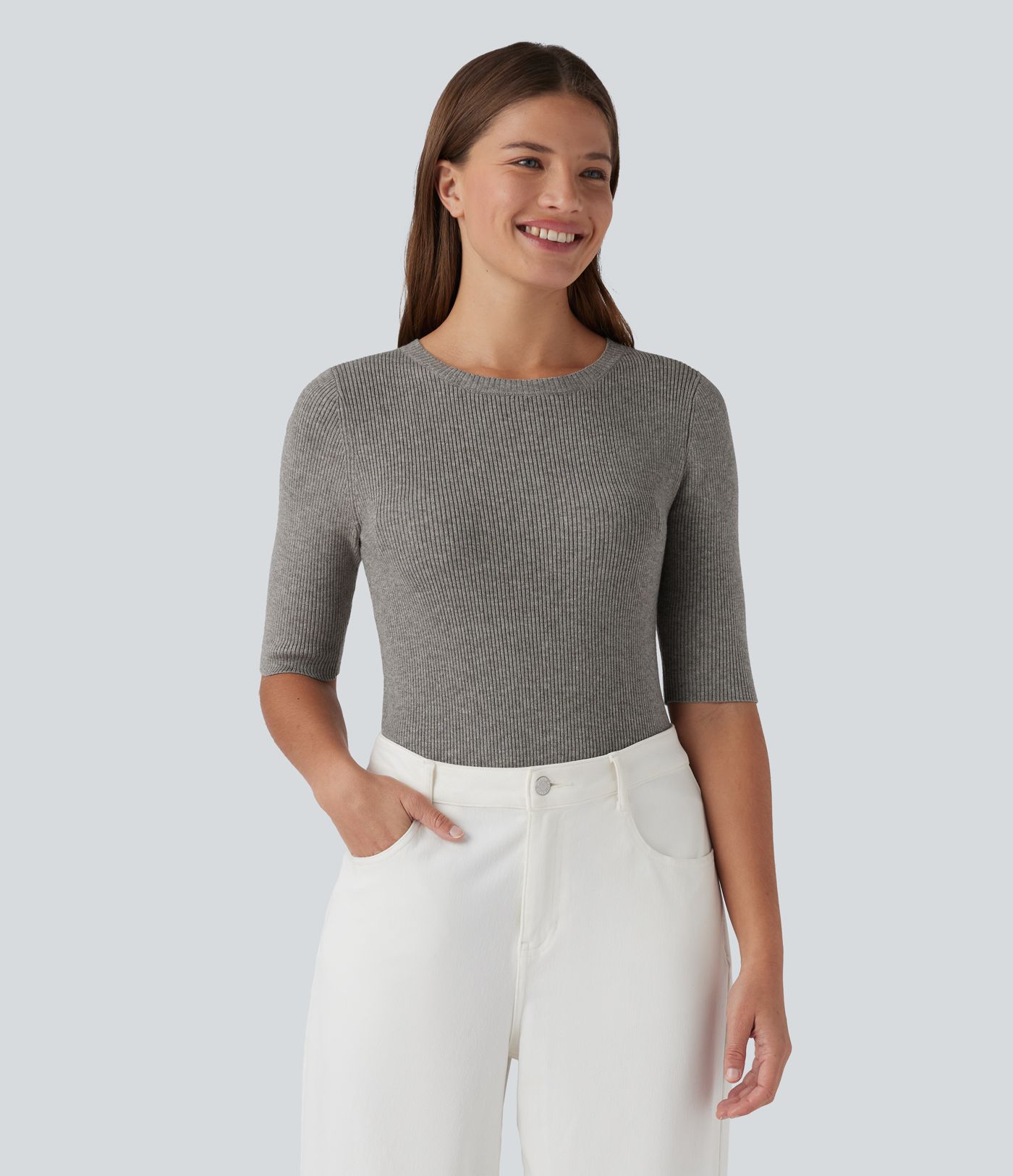 Ribbed Knit Round Neck Half Sleeve Work Sweater