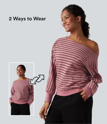 Off-shoulder Long Sleeve Stripes Relaxed Casual Sweatshirt