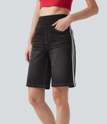 Halara Flex™ High Waisted Stripe Washed Denim Women Casual Baggy Shorts with Pockets