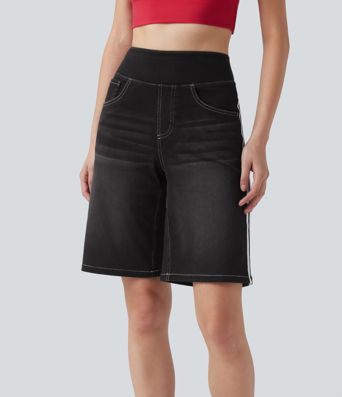 Halara Flex™ High Waisted Stripe Washed Denim Women Casual Baggy Shorts with Pockets