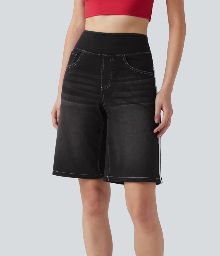 Halara Flex™ High Waisted Stripe Washed Denim Women Casual Baggy Shorts with Pockets
