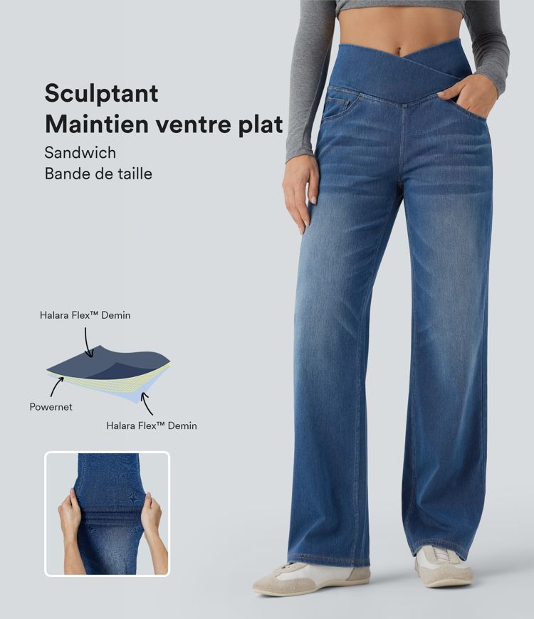 Jean droit décontracté croisé gainant taille haute avec poches Halara Flex™