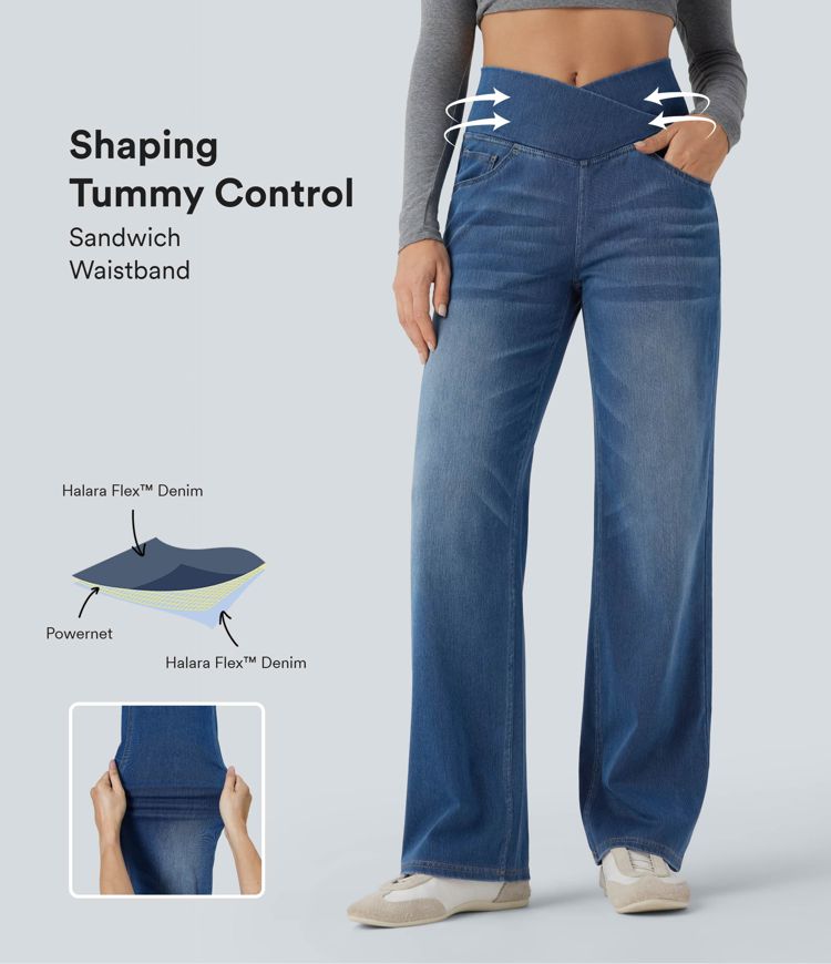 Halara Flex™ Crossover High Waisted Tummy Control Casual Straight Leg Jeans with Pockets