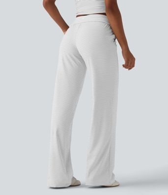 Foldover Low Rise Drawstring Stripes Casual Straight Leg Pants with Pockets Foldover Low Rise Drawstring Stripes Casual Straight Leg Pants with Pockets