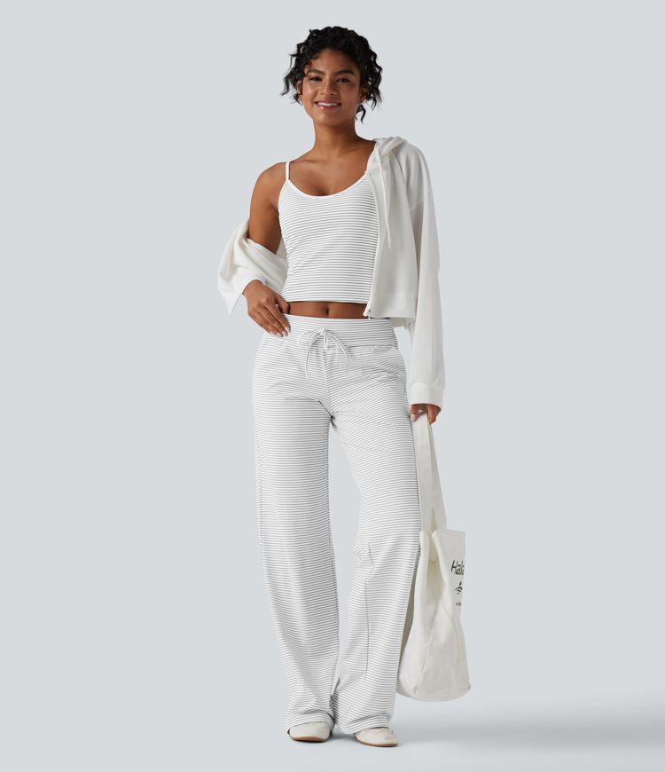Foldover Low Rise Drawstring Stripes Casual Straight Leg Pants with Pockets Foldover Low Rise Drawstring Stripes Casual Straight Leg Pants with Pockets