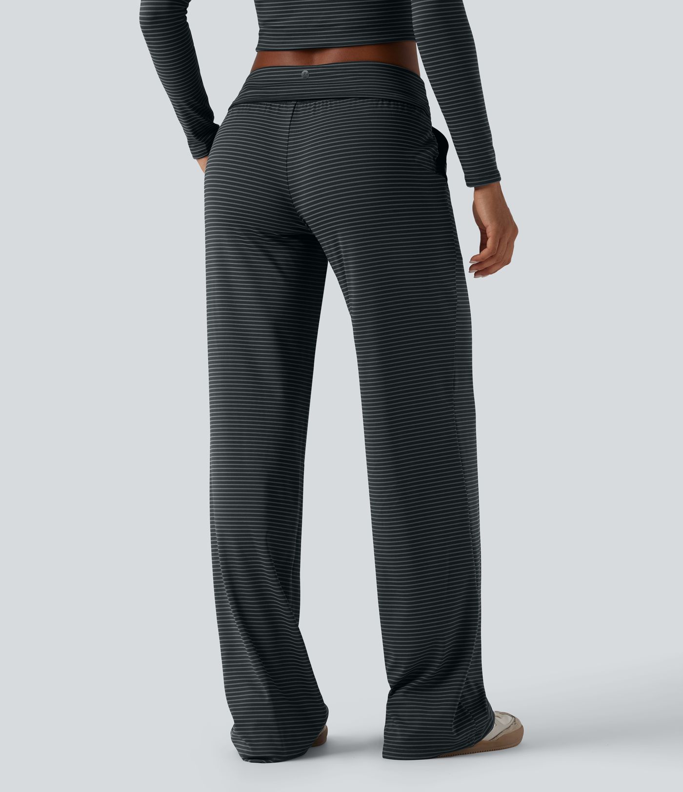 Foldover Low Rise Drawstring Stripes Casual Straight Leg Trousers with Pockets