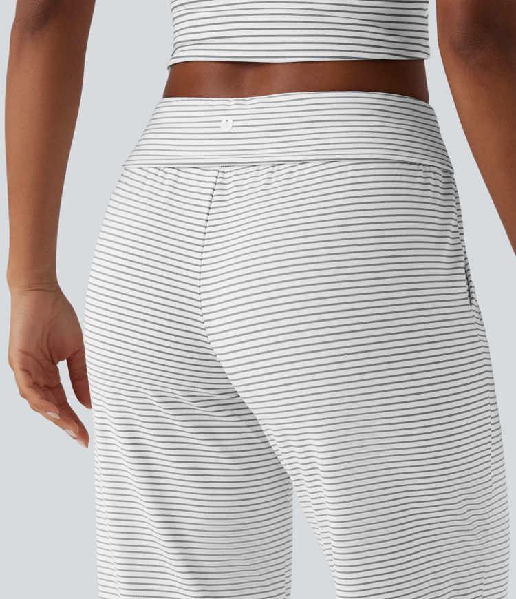 Foldover Low Rise Drawstring Stripes Casual Straight Leg Pants with Pockets Foldover Low Rise Drawstring Stripes Casual Straight Leg Pants with Pockets
