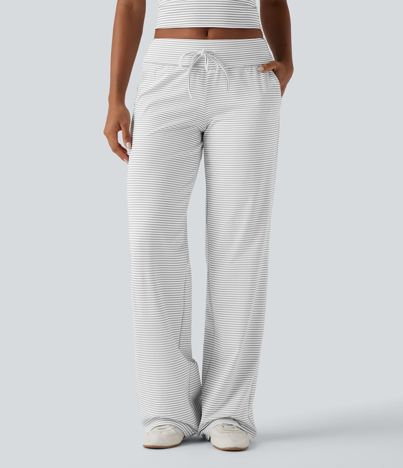 Foldover Low Rise Drawstring Stripes Casual Straight Leg Pants with Pockets Foldover Low Rise Drawstring Stripes Casual Straight Leg Pants with Pockets