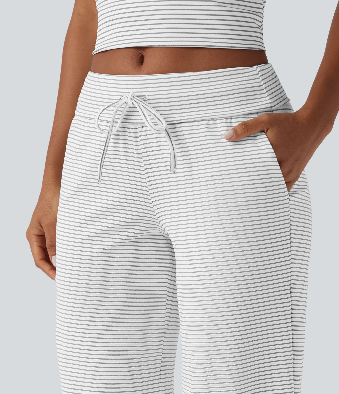 Foldover Low Rise Drawstring Stripes Casual Straight Leg Pants with Pockets Foldover Low Rise Drawstring Stripes Casual Straight Leg Pants with Pockets