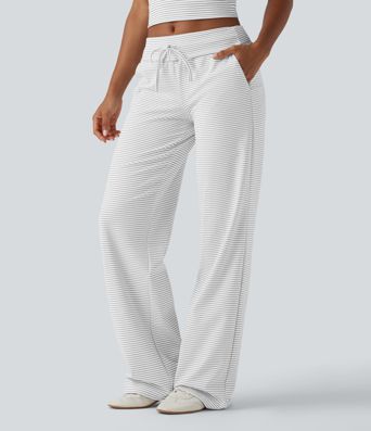 Foldover Low Rise Drawstring Stripes Casual Straight Leg Pants with Pockets Foldover Low Rise Drawstring Stripes Casual Straight Leg Pants with Pockets