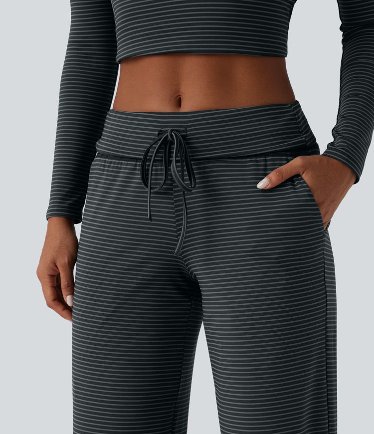 Foldover Low Rise Drawstring Stripes Casual Straight Leg Trousers with Pockets