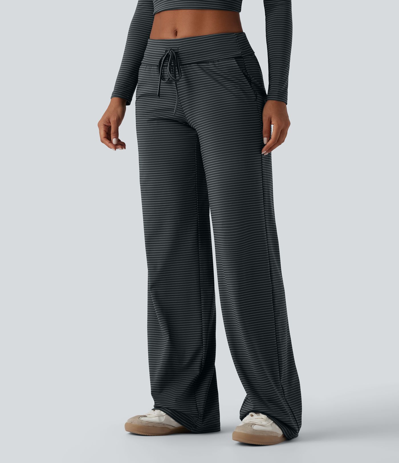 Foldover Low Rise Drawstring Stripes Casual Straight Leg Trousers with Pockets