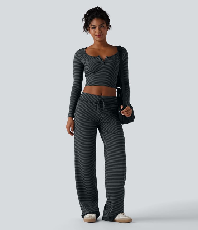 Foldover Low Rise Drawstring Stripes Casual Straight Leg Trousers with Pockets