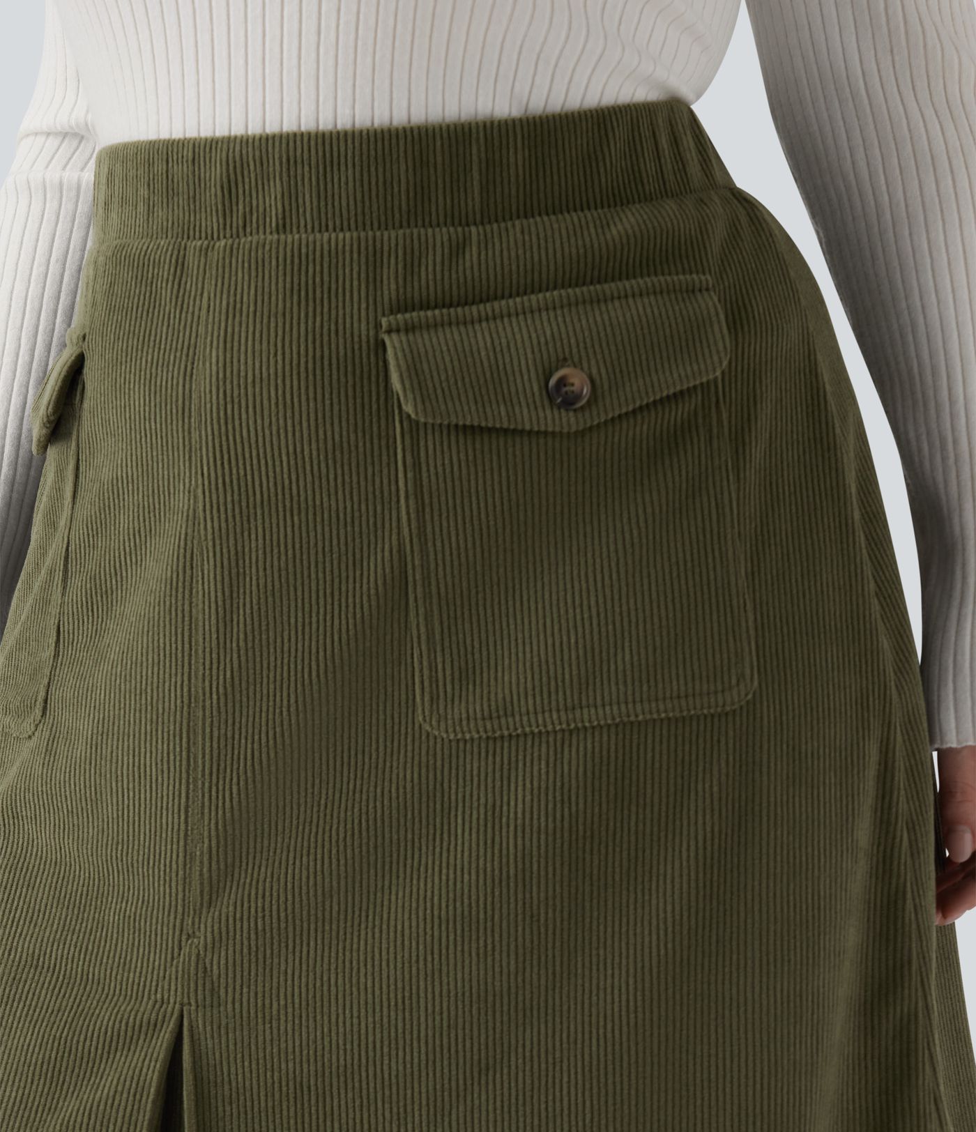 Mid Rise Midi Corduroy Casual Plus Size Skirt with Pockets