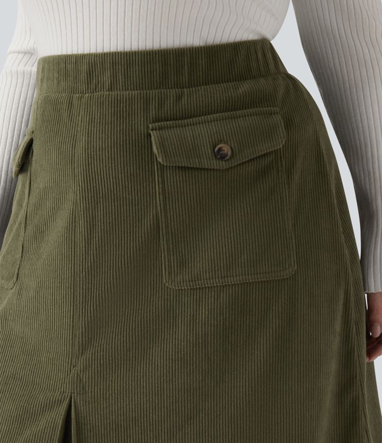 Mid Rise Midi Corduroy Casual Plus Size Skirt with Pockets