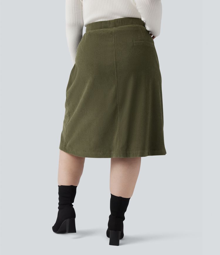 Mid Rise Midi Corduroy Casual Plus Size Skirt with Pockets