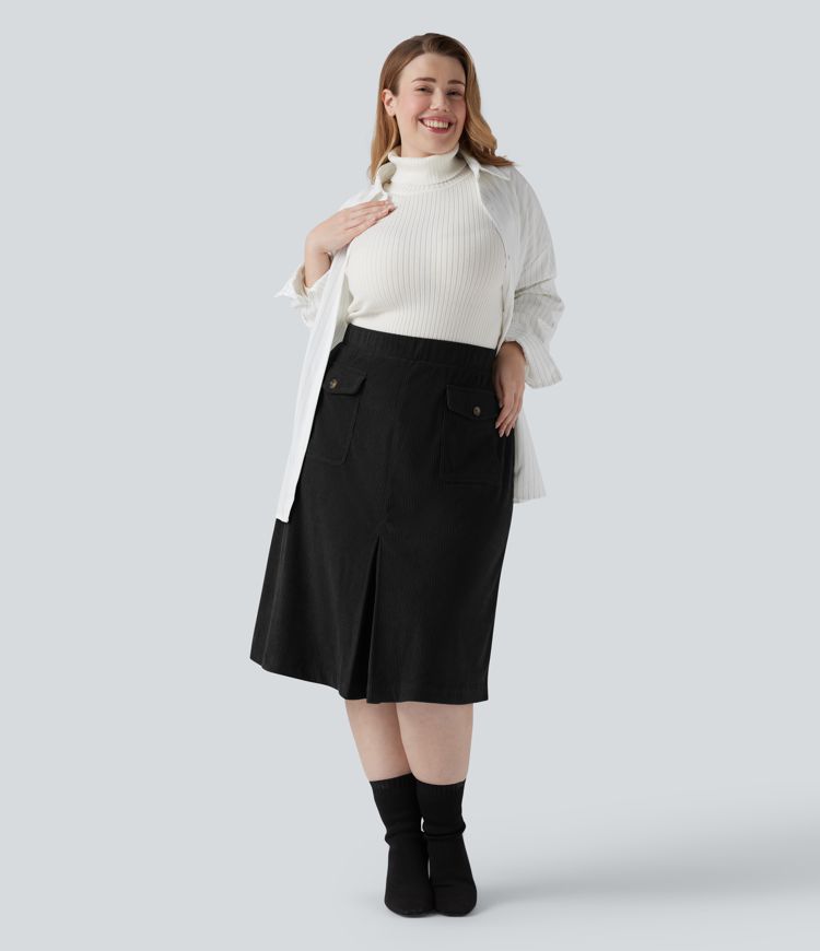 Mid Rise Midi Corduroy Casual Plus Size Skirt with Pockets