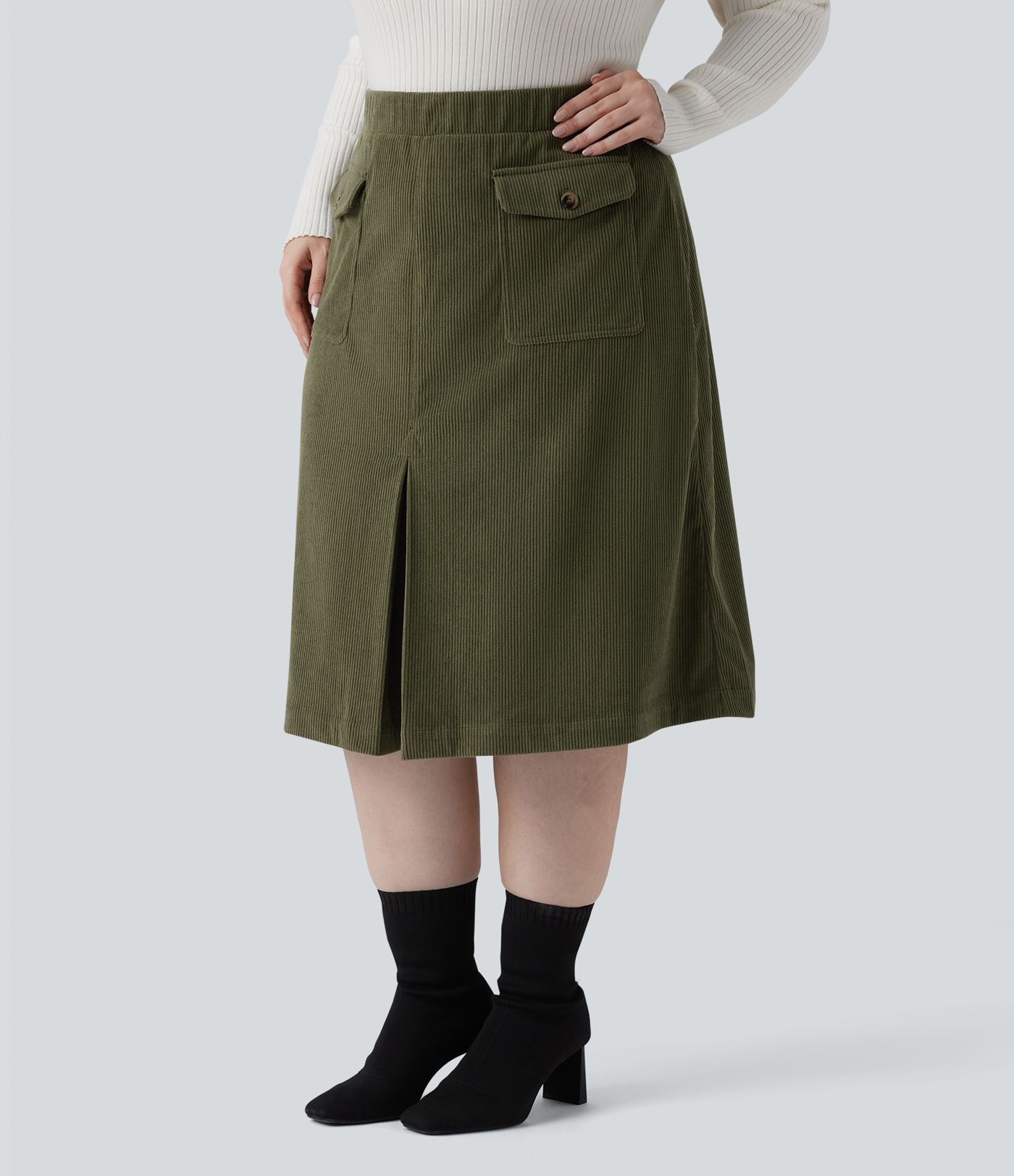 Mid Rise Midi Corduroy Casual Plus Size Skirt with Pockets