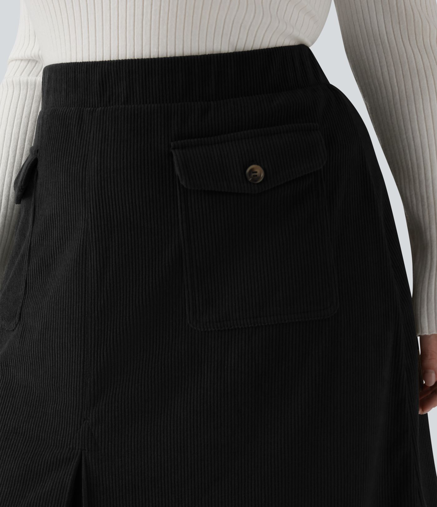 Mid Rise Midi Corduroy Casual Plus Size Skirt with Pockets