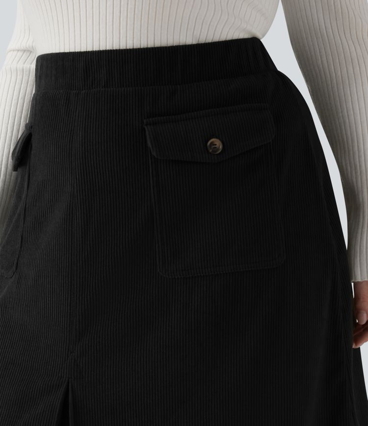 Mid Rise Midi Corduroy Casual Plus Size Skirt with Pockets