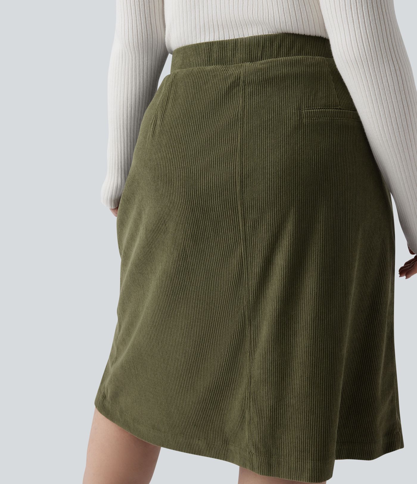Mid Rise Midi Corduroy Casual Plus Size Skirt with Pockets