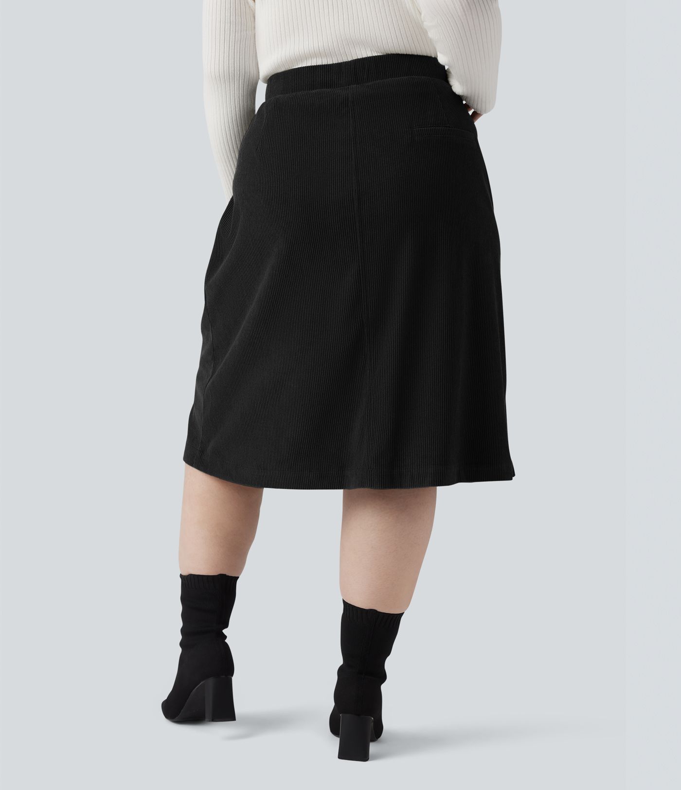 Mid Rise Midi Corduroy Casual Plus Size Skirt with Pockets