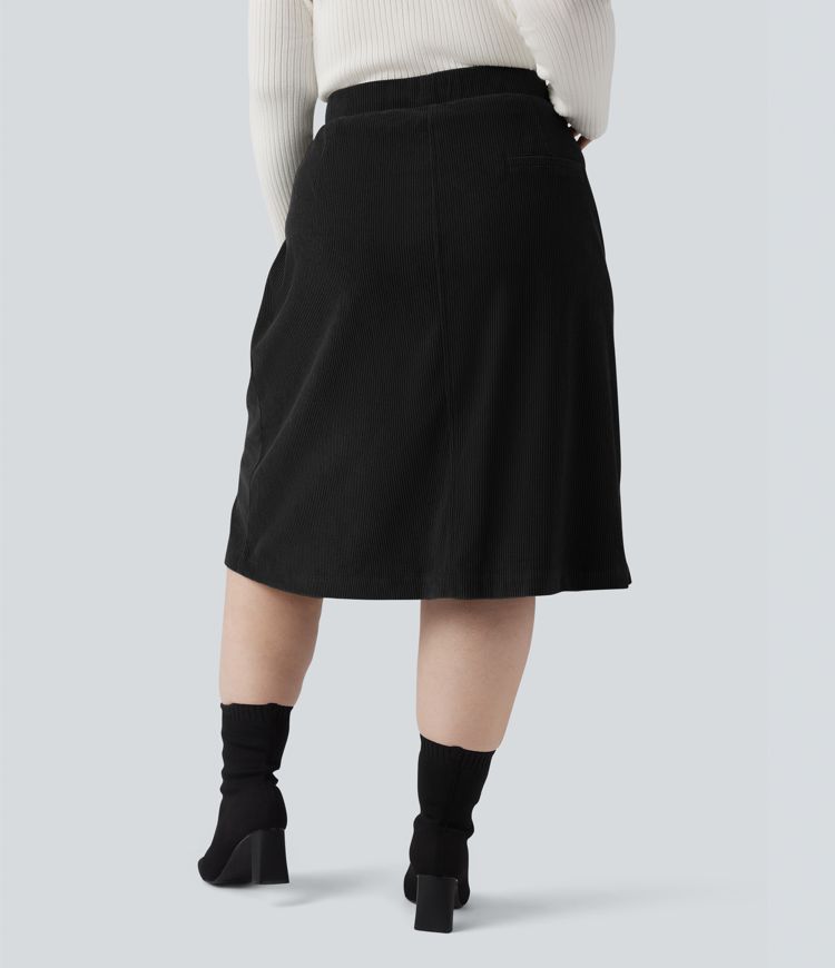 Mid Rise Midi Corduroy Casual Plus Size Skirt with Pockets