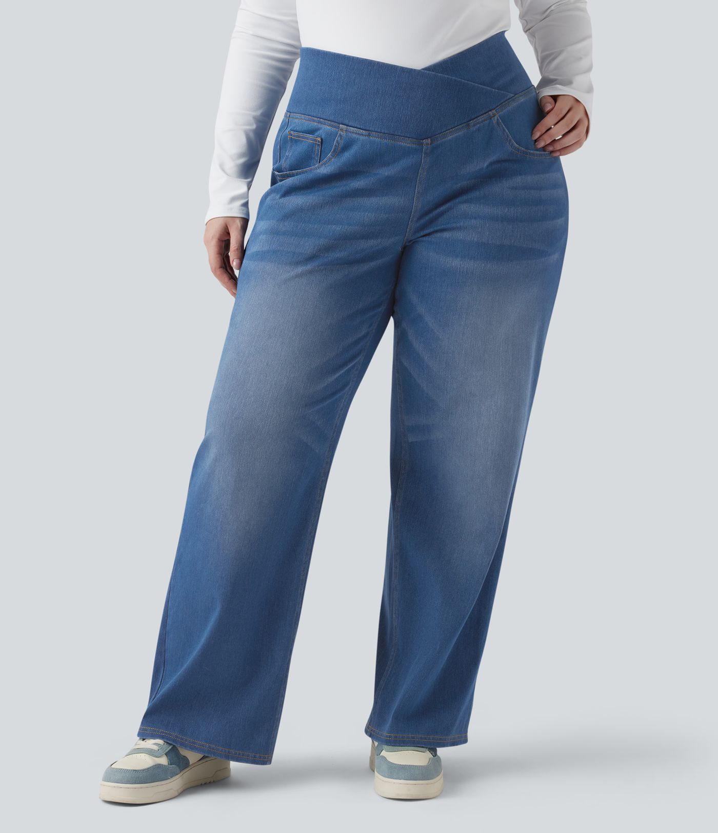 Halara Flex™ Crossover High Waisted Tummy Control Casual Straight Leg Plus Size Jeans with Pockets