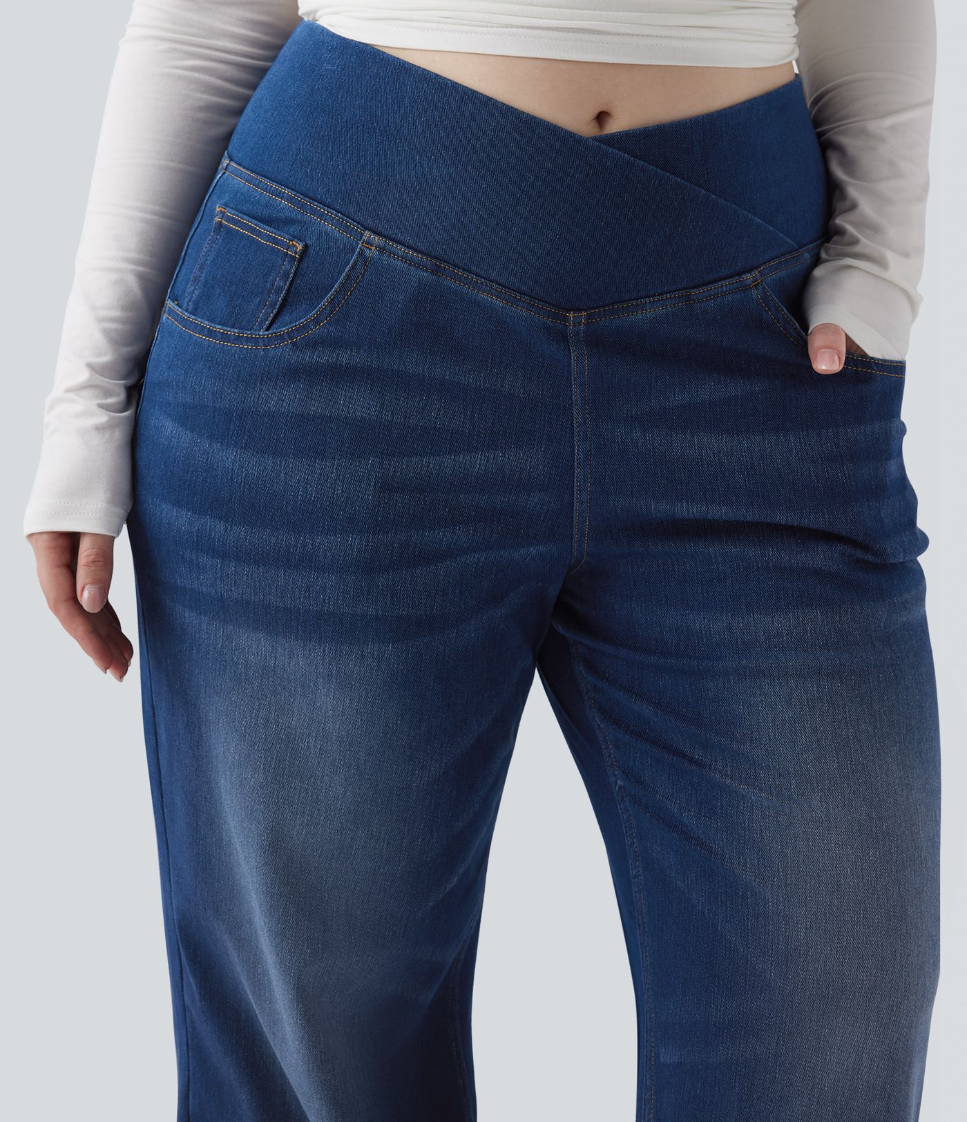 Halara Flex™ Crossover High Waisted Tummy Control Casual Straight Leg Plus Size Jeans with Pockets