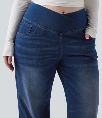 Halara Flex™ Crossover High Waisted Tummy Control Casual Straight Leg Plus Size Jeans with Pockets