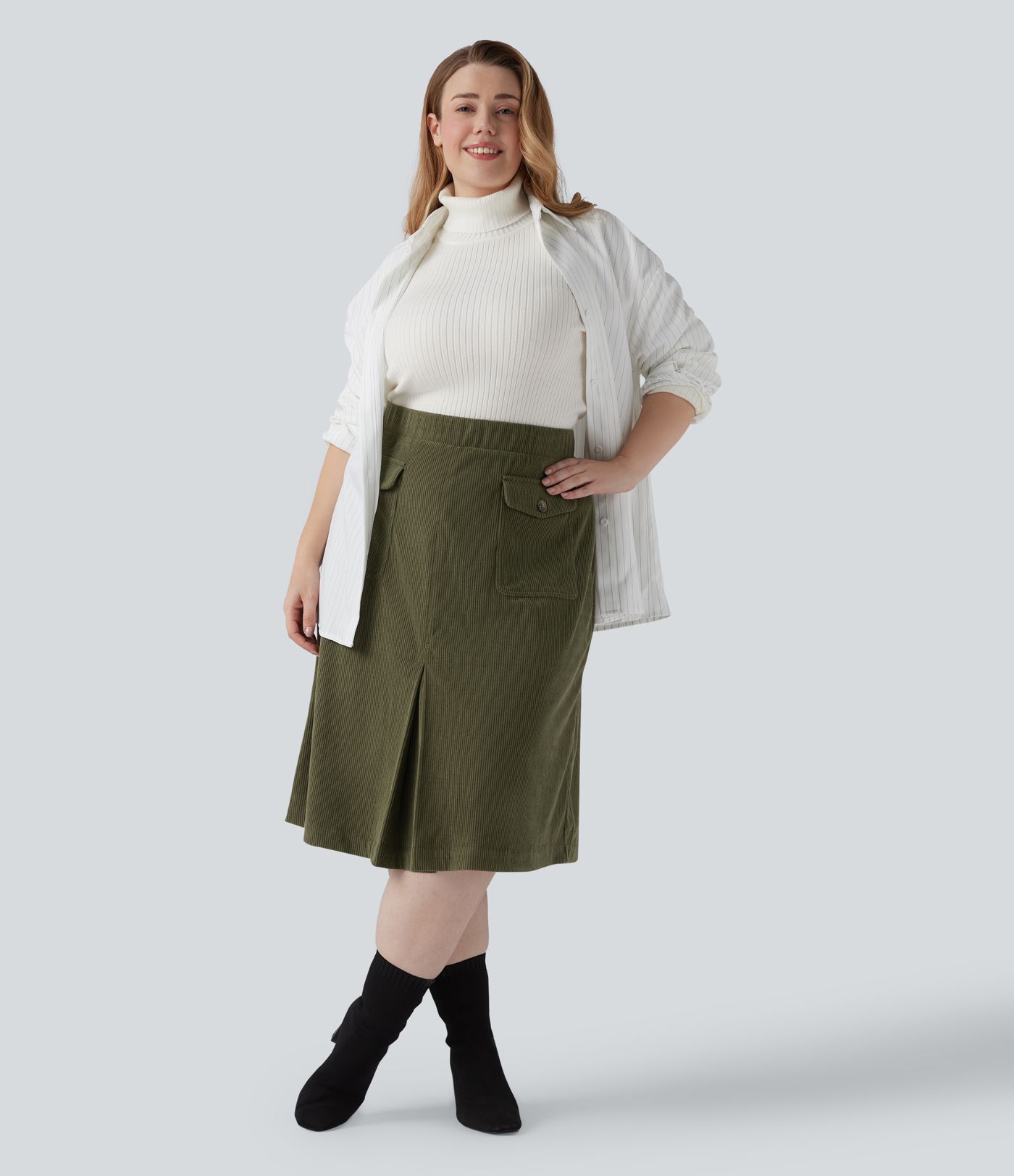 Mid Rise Midi Corduroy Casual Plus Size Skirt with Pockets