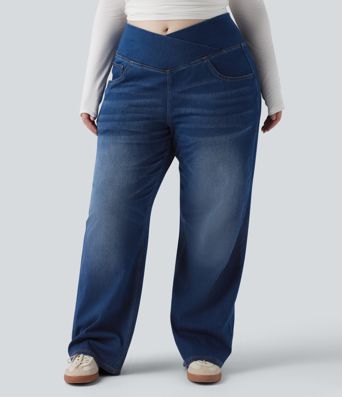 Halara Flex™ Crossover High Waisted Tummy Control Casual Straight Leg Plus Size Jeans with Pockets