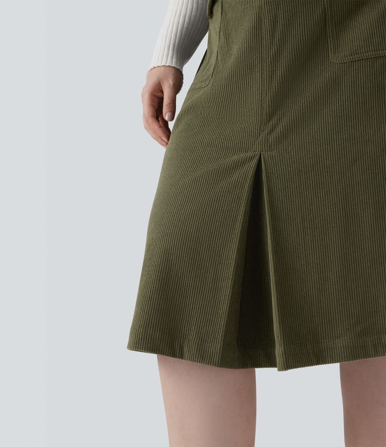 Mid Rise Midi Corduroy Casual Plus Size Skirt with Pockets