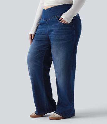 Halara Flex™ Crossover High Waisted Tummy Control Casual Straight Leg Plus Size Jeans with Pockets