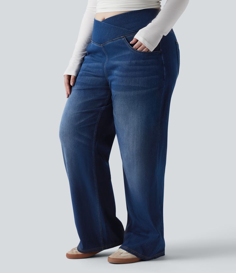 Halara Flex™ Crossover High Waisted Tummy Control Casual Straight Leg Plus Size Jeans with Pockets