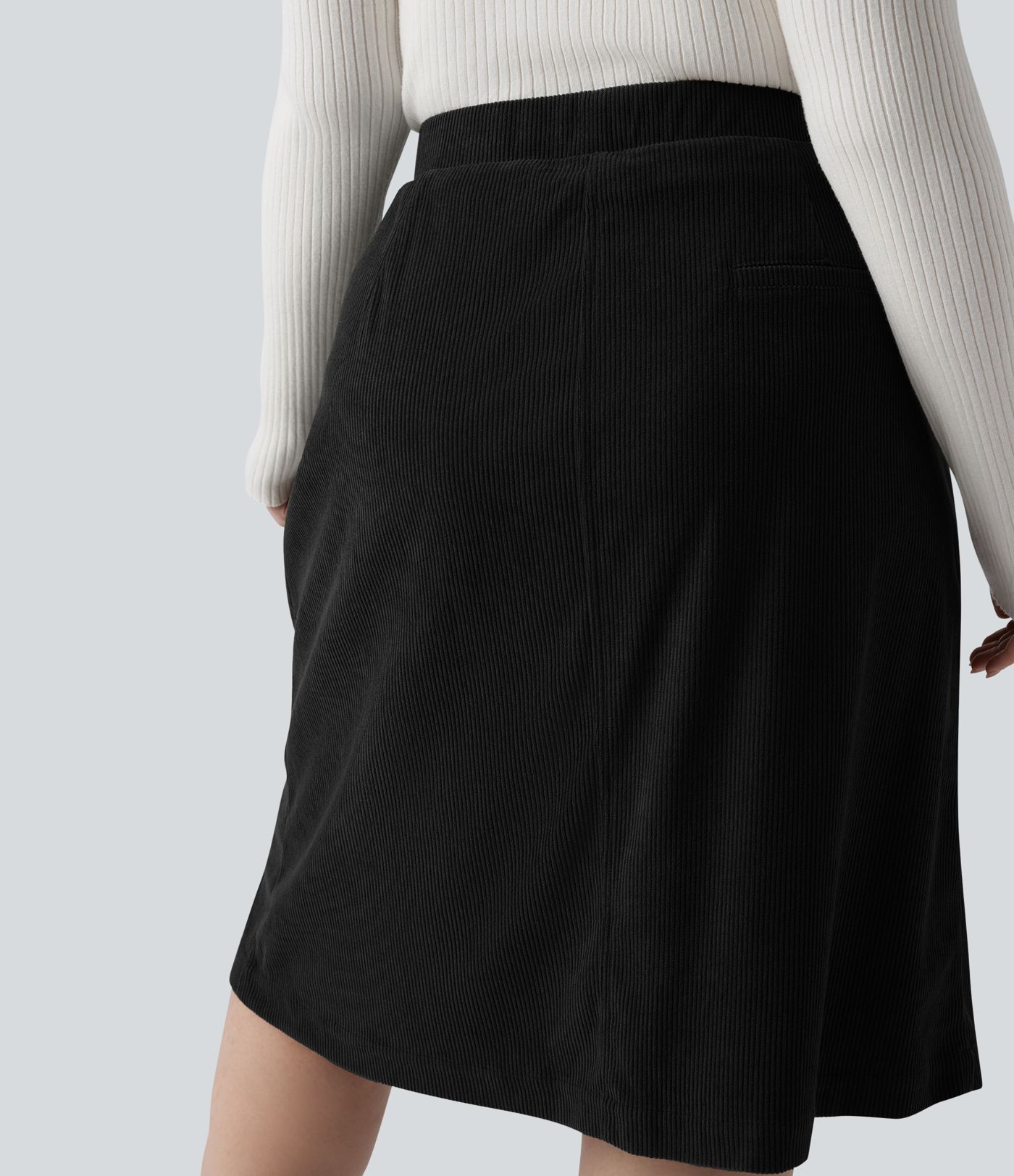 Mid Rise Midi Corduroy Casual Plus Size Skirt with Pockets