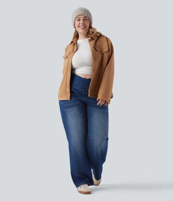 Halara Flex™ Crossover High Waisted Tummy Control Casual Straight Leg Plus Size Jeans with Pockets