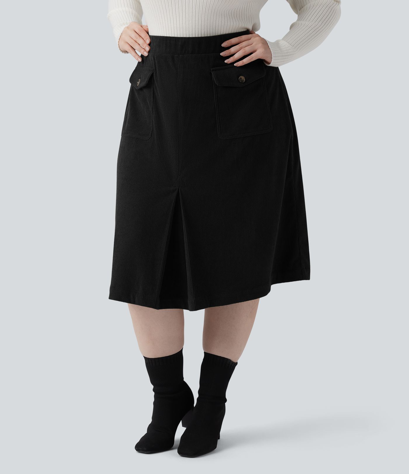 Mid Rise Midi Corduroy Casual Plus Size Skirt with Pockets