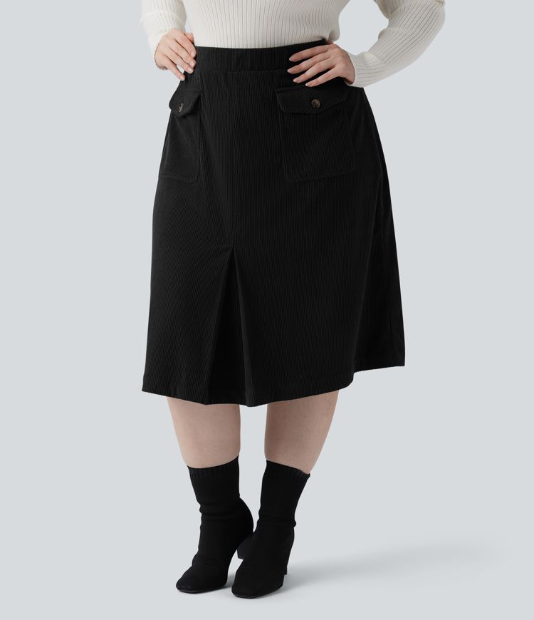 Mid Rise Midi Corduroy Casual Plus Size Skirt with Pockets