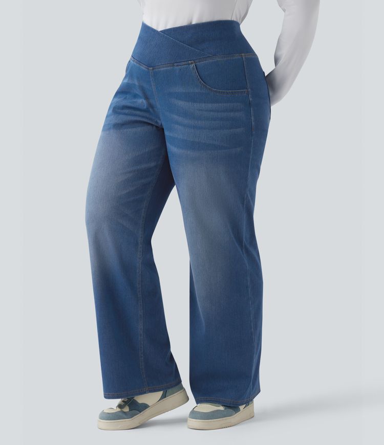 Halara Flex™ Crossover High Waisted Tummy Control Casual Straight Leg Plus Size Jeans with Pockets