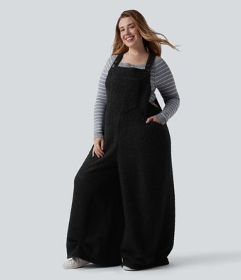 Adjustable Straps Casual Teddy Plus Size Overalls with Pockets