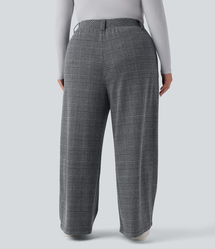 Plus Size High Waisted Wide Leg Houndstooth Plaid Casual Trousers with Pockets