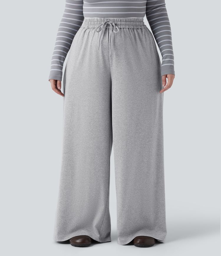 Plus Size High Waisted Drawstring Wide Leg Casual Trousers with Pockets